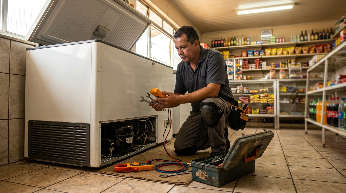 Profissional executando manutenção no motor de freezer em Serra‑ES